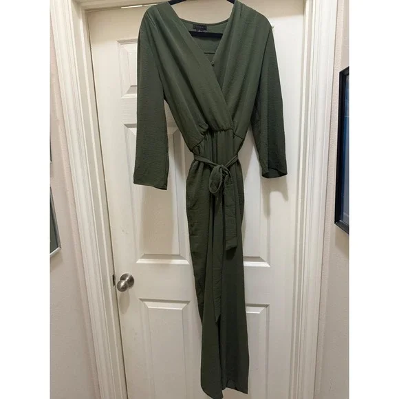 Fraiche by J Olive Green Wrap Waist Tie Jumpsuit Women Size L - Picture 5 of 10